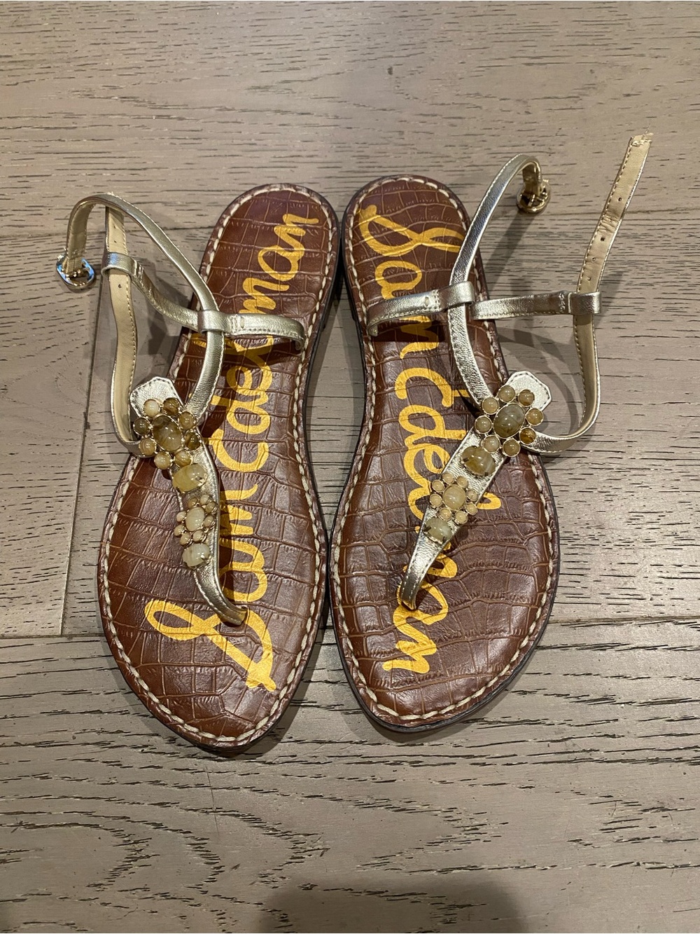 Sam Edelman Metallic Gold Beaded T-Strap Sandals 6.5